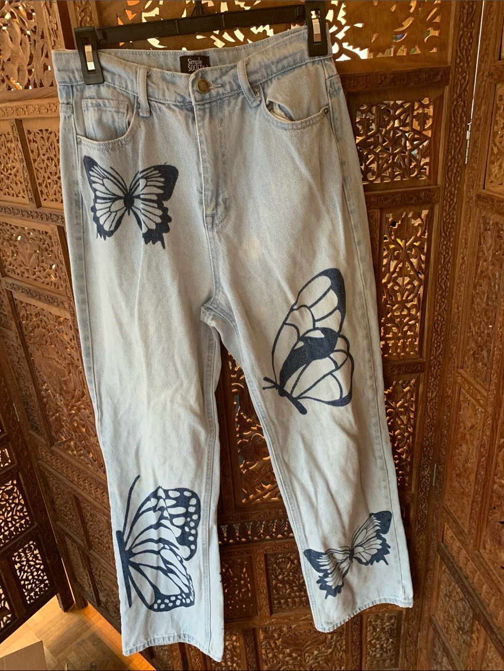 Butterfly-Print Straight Leg Jeans - Light Blue